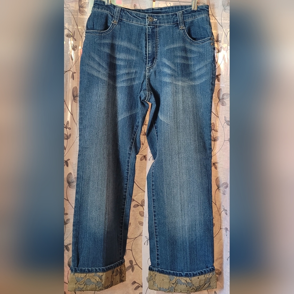 Multiples Denim with brad and flowered lace hem.